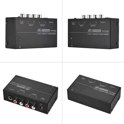 Four views of a black audio/video converter on a white background