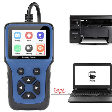 Blue and black handheld OBD2 scanner tool with a screen showing diagnostic icons, shown alongside a printer and laptop with connection labels, on a white background.