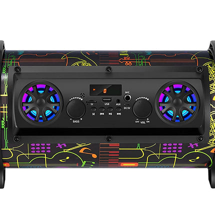 A portable cylindrical speaker with a black front control panel and a colorful graffiti-style pattern on the sides, shown against a plain white background.