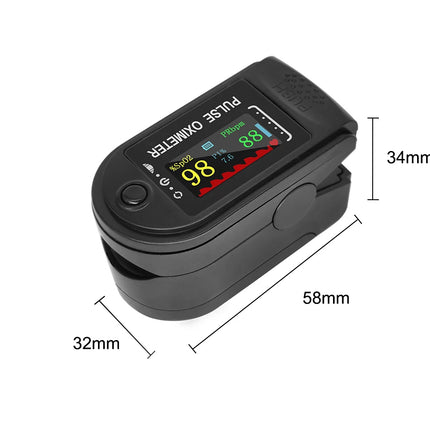 Black pulse oximeter with digital display on a white background, showing measurements.