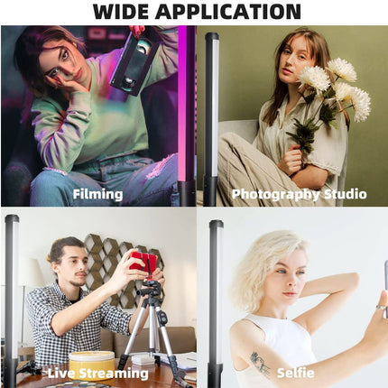 A promotional collage with the heading 'WIDE APPLICATION' showing four lifestyle scenes: a woman taking a photo, a woman holding flowers in a studio setting, a man using a camera on a tripod for live streaming, and a woman taking a selfie. The image appears to advertise a versatile light or recording device used in multiple contexts.