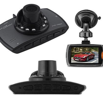 Three views of a car dashboard camera with screen displaying a red car.