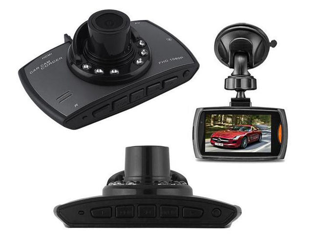 Three views of a car dashboard camera with screen displaying a red car.