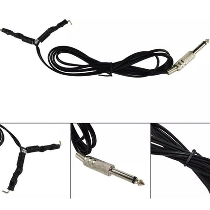 Black audio cable with a plug on a white background