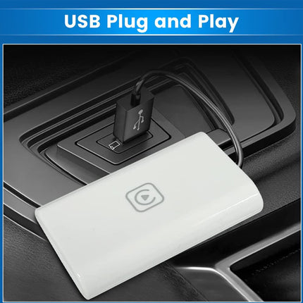 White USB device plugged into a car's USB port with 'USB Plug and Play' text above.