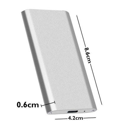 Silver external hard drive with dimensions labeled on a white background