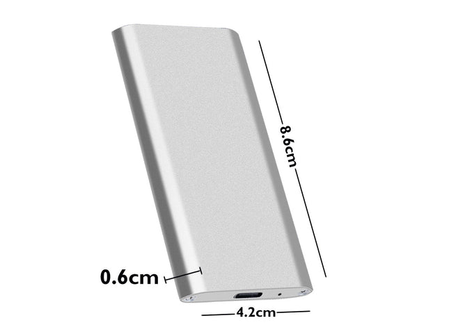 Silver external hard drive with dimensions labeled on a white background