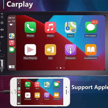CarPlay interface on a tablet and smartphone with Apple branding.