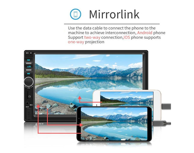 Car multimedia system with smartphone mirroring feature on a white background