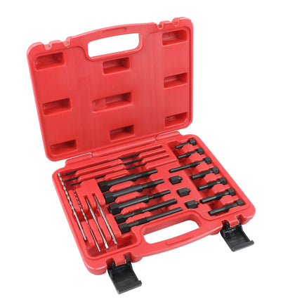 A red plastic socket wrench set in an open carrying case, with black and silver socket tools organized in molded slots, shown on a plain white background.