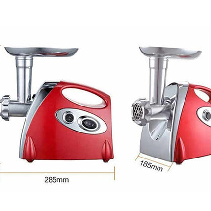 Red and silver meat grinder with dimensions on a white background