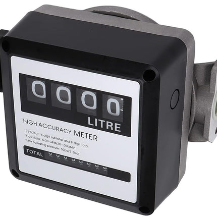 A high accuracy litre meter with a black and gray housing, featuring a white front faceplate with a four-digit digital display and mounting bracket.