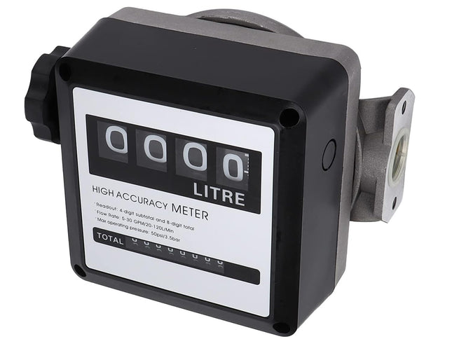 A high accuracy litre meter with a black and gray housing, featuring a white front faceplate with a four-digit digital display and mounting bracket.