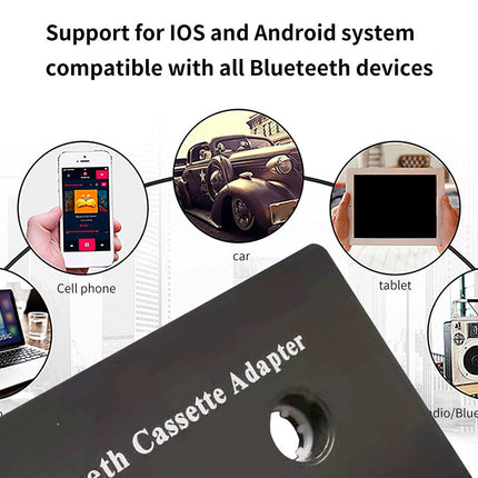 Black cassette adapter with compatibility features for iOS, Android, and Bluetooth devices on a white background.