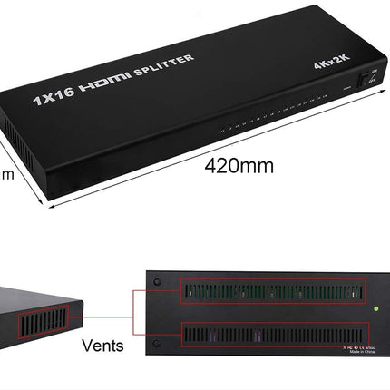 Black 1x16 HDMI splitter shown on a white background with dimension labels (420mm length, 230mm width, 65mm height) and a smaller inset showing the front vents.