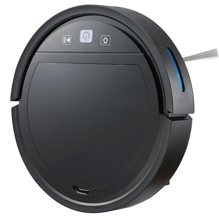 A sleek black robotic vacuum cleaner with a glossy top panel, touch control buttons, side sweeping brushes, and blue indicator lights, featuring a "Kiwi Shack" logo in the top left corner.