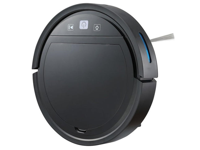 A sleek black robotic vacuum cleaner with a glossy top panel, touch control buttons, side sweeping brushes, and blue indicator lights, featuring a "Kiwi Shack" logo in the top left corner.