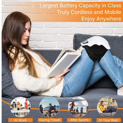 A woman reclining on a gray sofa and reading a book while wearing a white and black knee rest pad on her leg. The image includes promotional text at the top and four small lifestyle inset circles at the bottom showing use cases: at work, during travel, after sports, and in your rest.