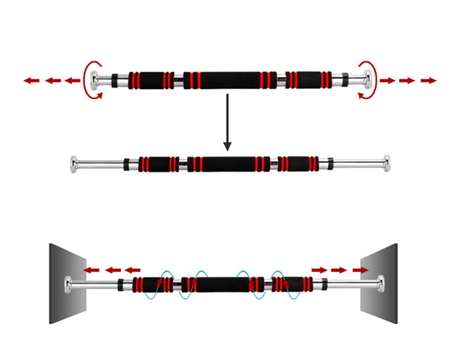 Diagram showing a telescopic rod with red and black sections, expanding and contracting.