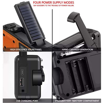 A collage showing close-up views of a portable power supply: a folded solar panel attached to the device, a hand-cranked generation mode, a USB charging port, and a 9V battery compartment. Text labels describe the features, with a headline at the top reading 'FOUR POWER SUPPLY MODES'.