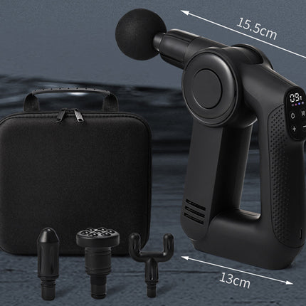 Black handheld massage gun with three attachment heads and a black carrying case, shown with overlaid dimension arrows and labels (15.5cm, 19cm, 13cm) on a dark textured background.