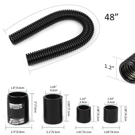 Black corrugated hose with measurements on a white background