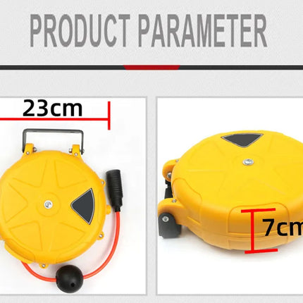 Yellow retractable cable reel with measurements on a white background