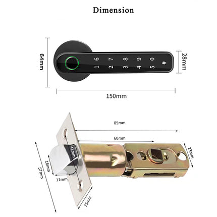 Dimensions of a digital door lock and its components on a white background