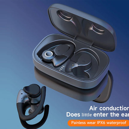 True wireless earbuds in an open charging case with one earbud shown outside the case, on a blue gradient background with marketing text.