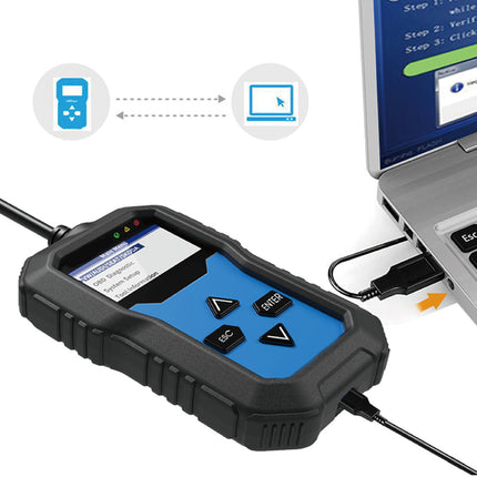 Device connecting to a laptop with a screen displaying software interface.