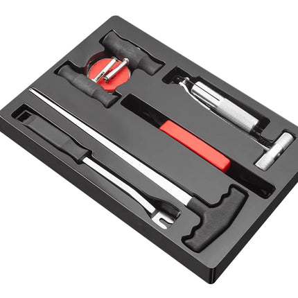 Tool kit with various tools in a black case on a white background