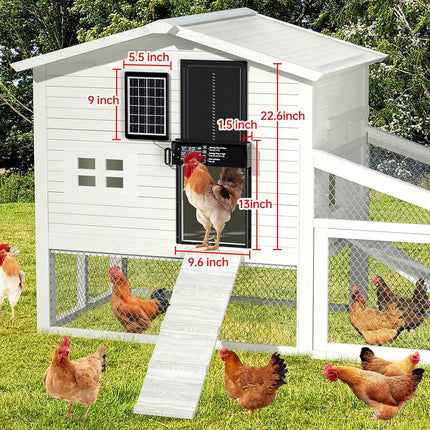 Chicken coop with dimensions labeled, featuring chickens in a grassy area.