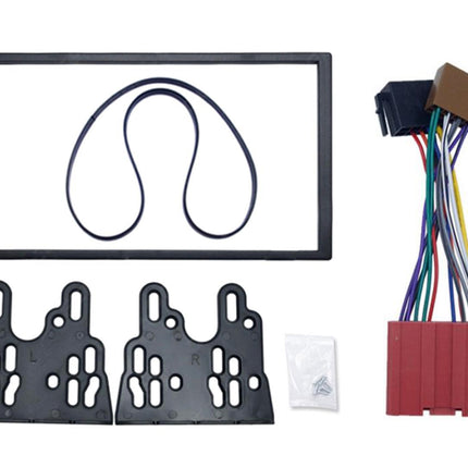 Car stereo installation kit with screen, brackets, and wiring on a white background
