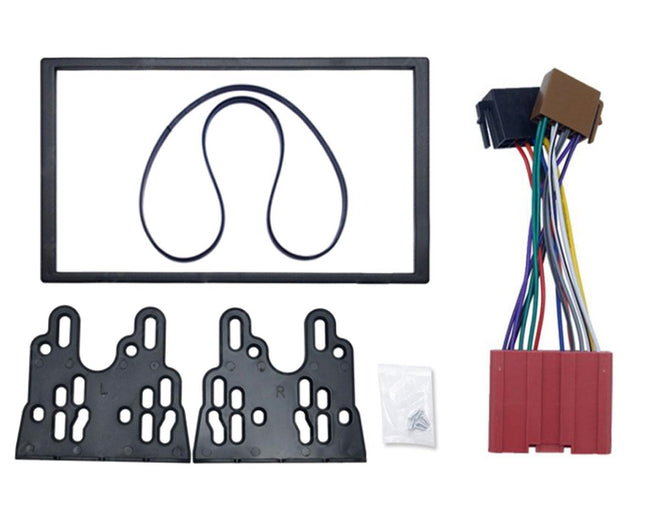 Car stereo installation kit with screen, brackets, and wiring on a white background