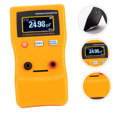 Capacitance meter with digital display on a white background