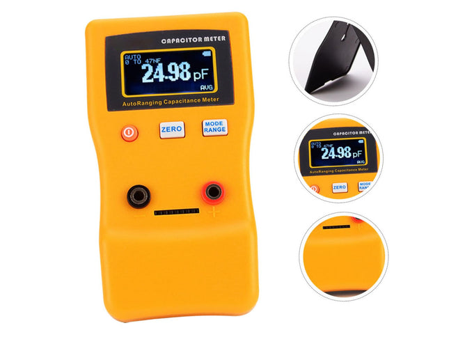 Capacitance meter with digital display on a white background
