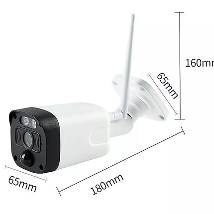 Wireless security camera with dimensions labeled on a white background