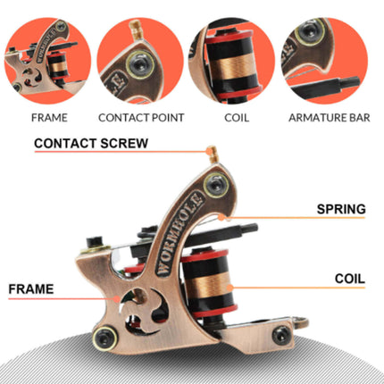 Tattoo machine with labeled parts on a white background