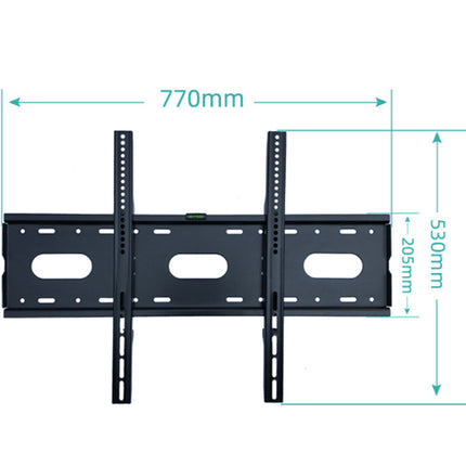 Black TV wall mount with measurements on a white background
