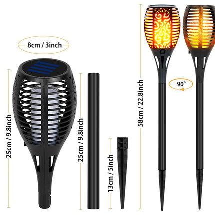 Solar garden lights with dimensions and features on a white background