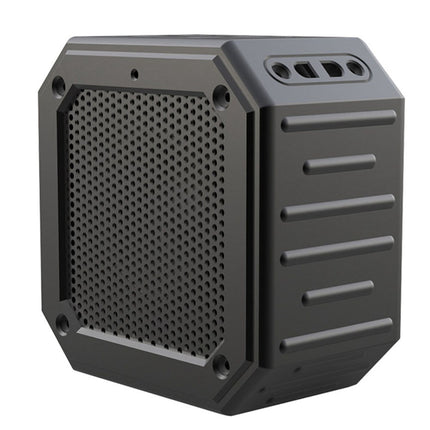 Black outdoor speaker with textured surface on a white background