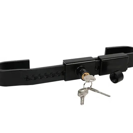 A black metal bicycle chain lock with a lock cylinder, keys, and a black knob, shown on a plain white background.