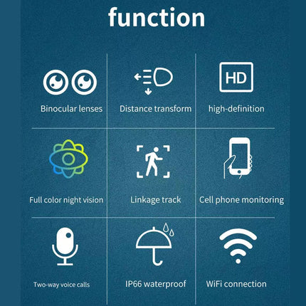 List of features with icons and text on a blue background
