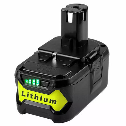 A black cordless lithium-ion battery pack with a bright yellow-green front label reading 'Lithium' and green LED battery indicator lights, shown on a plain white background.