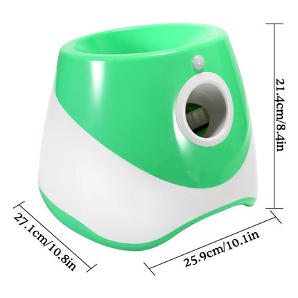 Green and white pencil sharpener with dimensions on a white background