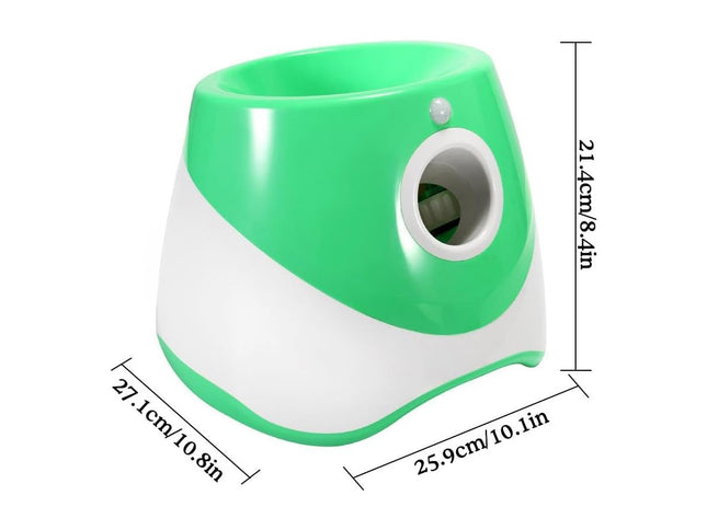 Green and white pencil sharpener with dimensions on a white background