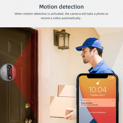 Smart doorbell with motion detection feature, showing a delivery person and smartphone app interface.