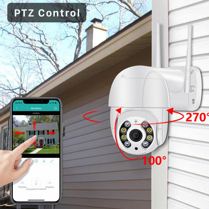 A white PTZ security camera mounted on a white exterior wall, with red arrows and text showing 270° and 100° rotation range. A smartphone app screen is visible on the left with a hand pointing at it, and the text 'PTZ Control' appears at the top.