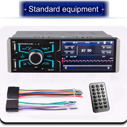 Car stereo system with wiring harness and remote control on a white background