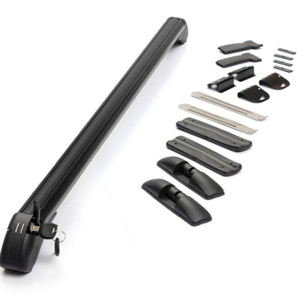 A black metal roof rack bar with a key in the lock, shown alongside its mounting hardware and brackets on a clean white background.
